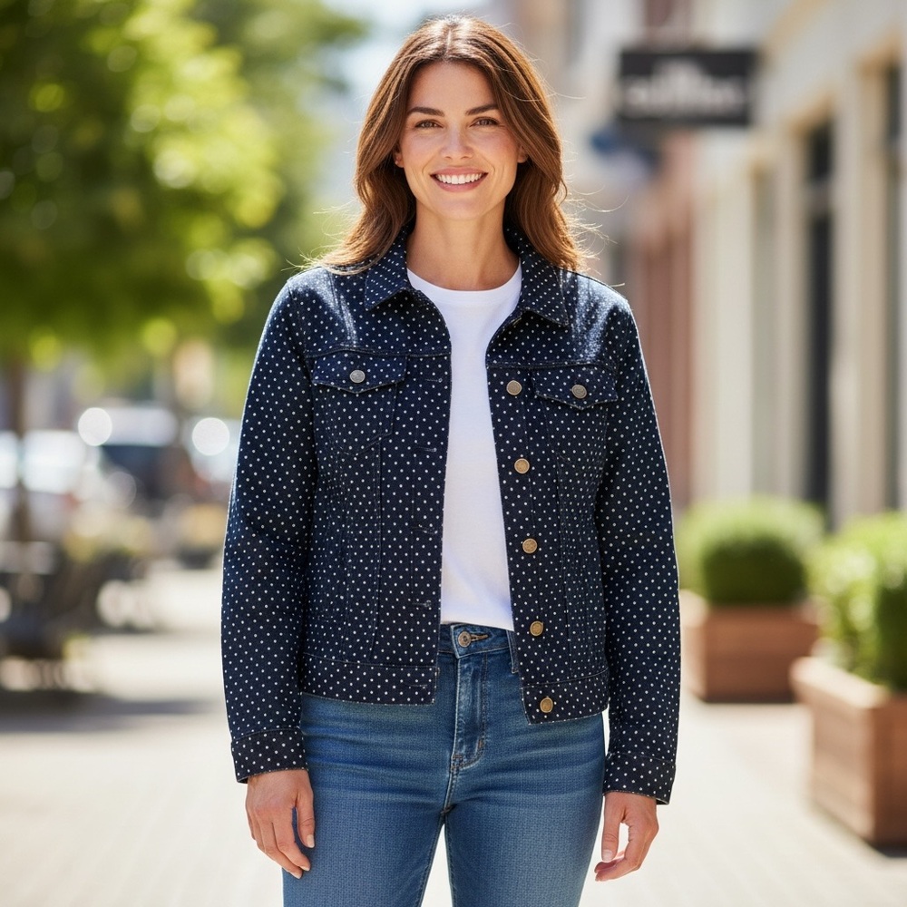 Talbots Dark Navy Blue Polka Dot Jean Jacket XL